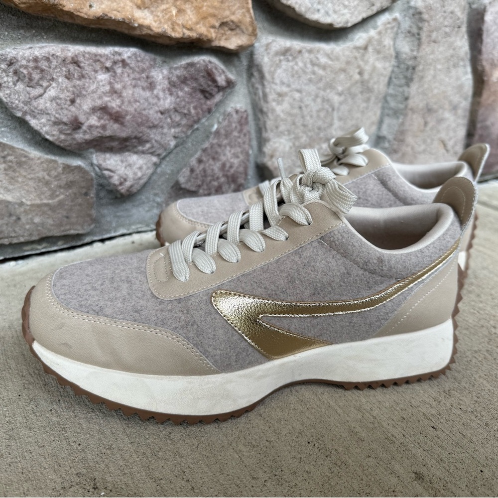 Dolce Vita Bossy Oatmeal with gold logo  Women's Cream and Tan Sneakers